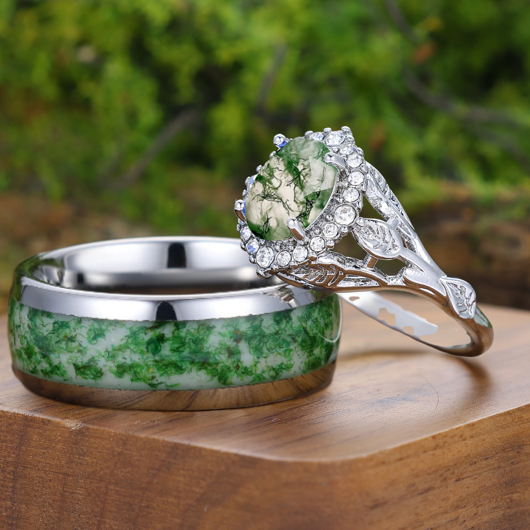 Anneaux couple assortis his and hers en agate mousse ovale taille brillant, délicat halo, design naturel inspiré