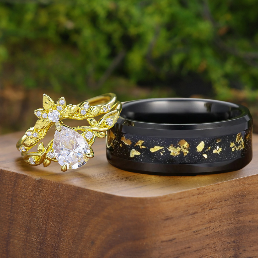 Natural Inspirado Juego de Anillos de Pareja en Forma de Pera con Moissanita Grabado de Hoja Para Él y Para Ella