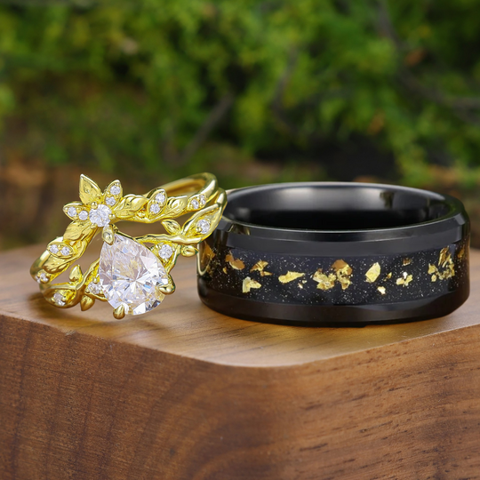 Natural Inspirado Juego de Anillos de Pareja en Forma de Pera con Moissanita Grabado de Hoja Para Él y Para Ella