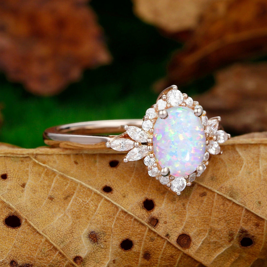 Retro Oval Pink White Opal Engagement Couple Rings Matching Tungsten His and Hers Wedding Promise Band