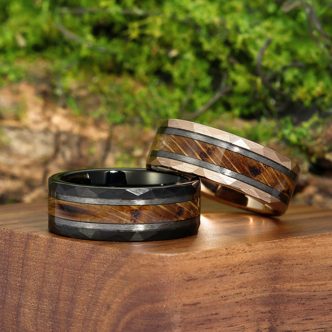 Unique Hammered Wide Wood Tungsten Wedding Bands Promise Couple Rings Set