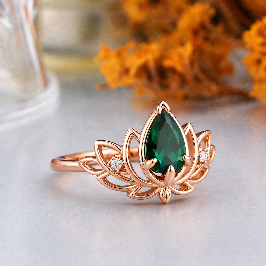 Pear Cut Lab Grown Emerald Lotus Leaf Engagement Ring, 18K Solid Gold