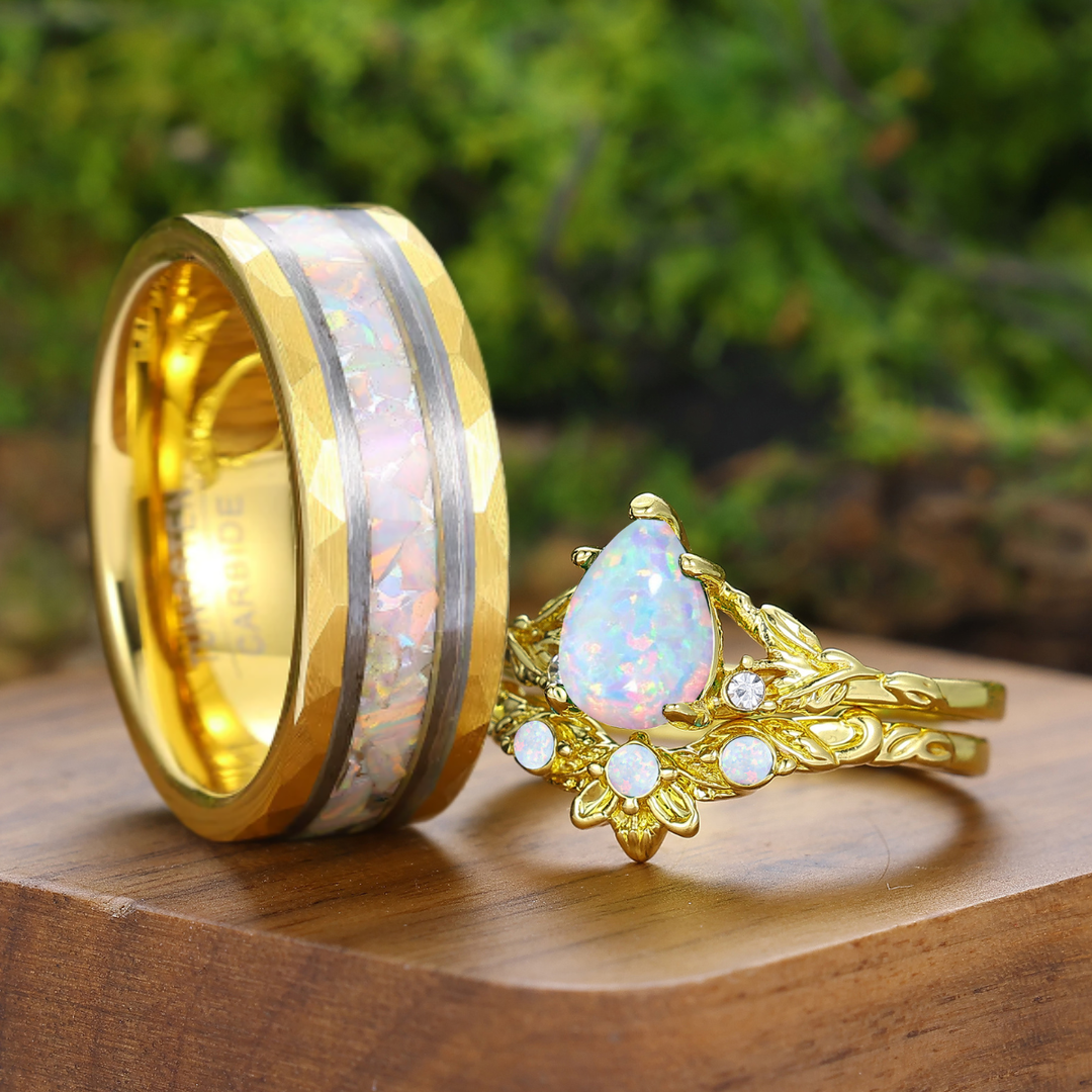Leaf Branch Style Pink White Opal Couple Rings Yellow Gold Plated Rings For Him And Her