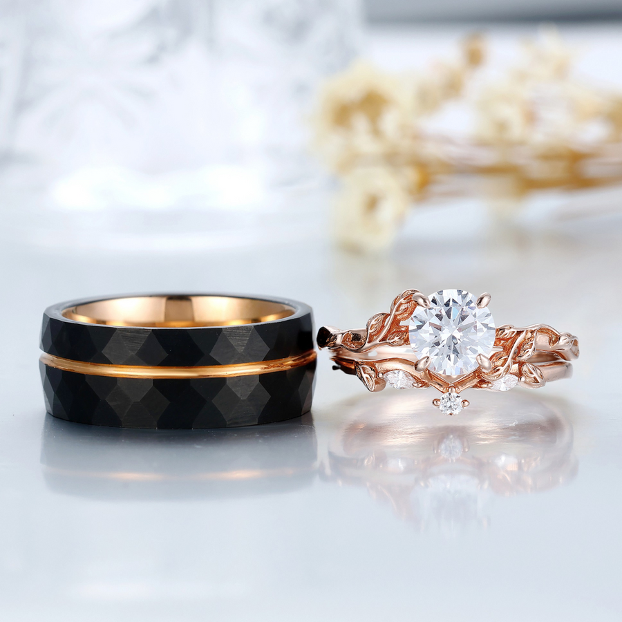 Anillo de tungsteno para hombre con anillo de moissanita chapado en oro rosa de plata 925 Juego de anillos de tungsteno para parejas él y ella