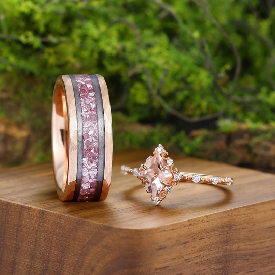 Exquisite Pink Morganite Engagement Promise Rings For Couples Rose Gold Plated Matching Marriage Rings