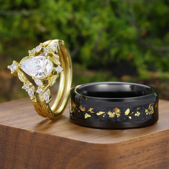 Noble Branch Design Perenvormige Moissaniet Set Verlovingsringen Geel Goud Verguld Matching Ringen