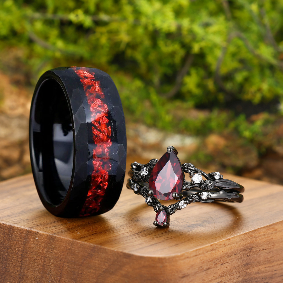 Conjunto de anillos para pareja con diseño de rama de brote inspirado en granate rojo natural, anillo de tungsteno rojo y plata para él y para ella