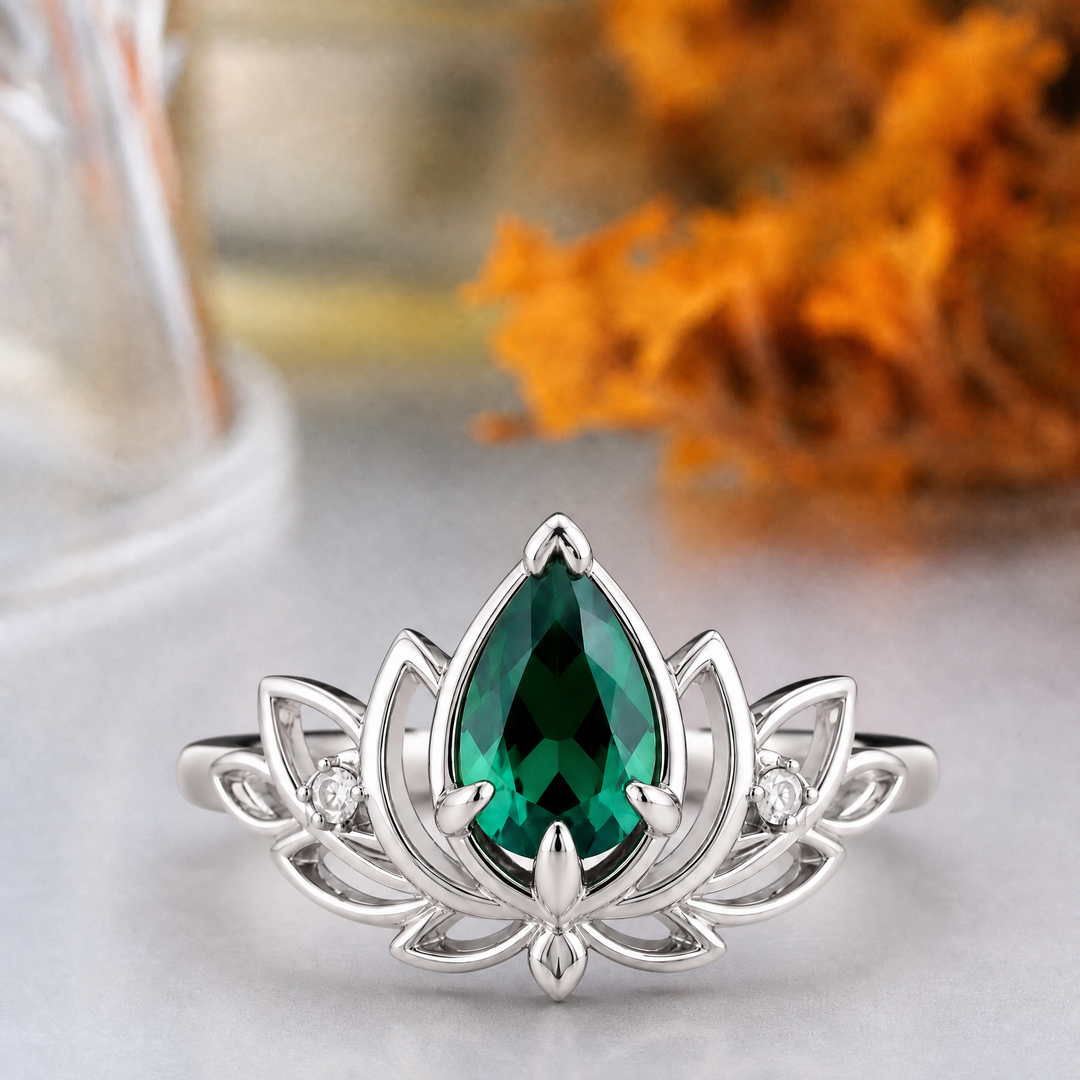 Pear Cut Lab Grown Emerald Lotus Leaf Engagement Ring, 18K Solid Gold