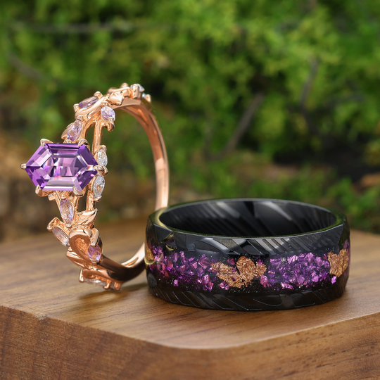 Gekrulde wijnrank ringen met natuurlijke amethist paarse bijpassende ringenset voor hem en haar