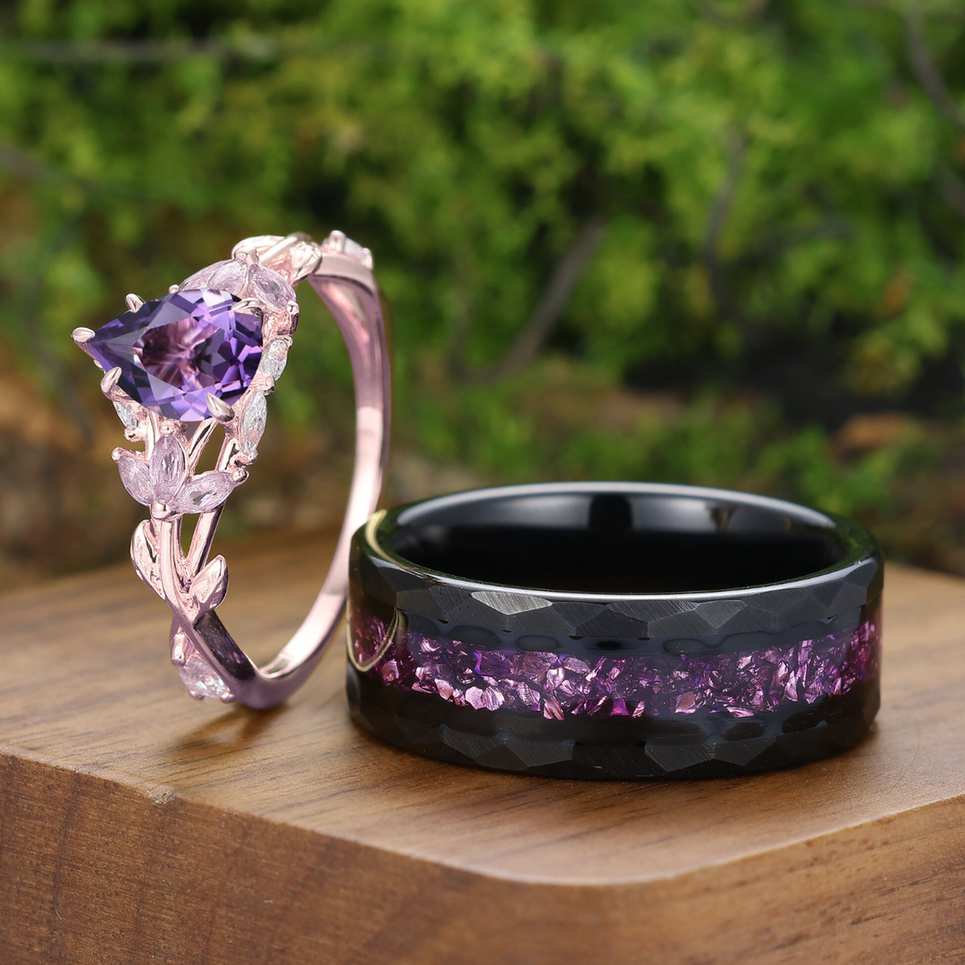 Fede Nuziale Coppia in Ametista Viola Naturale Ispirata alla Foglia 2 pezzi per Uomo e Donna