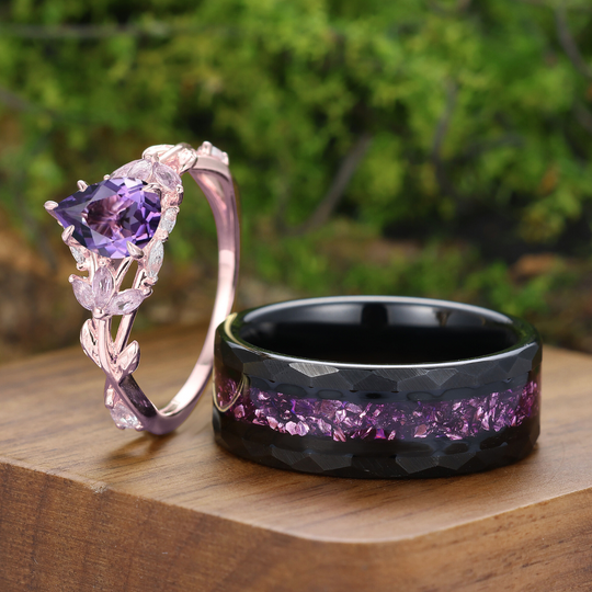 Fede Nuziale Coppia in Ametista Viola Naturale Ispirata alla Foglia 2 pezzi per Uomo e Donna