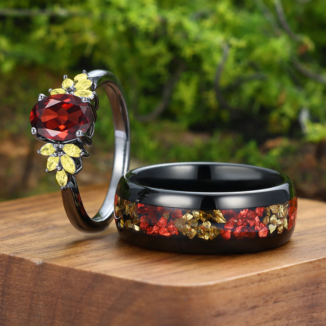 Natural Red Garnet Petal Cluster Couples Ring S925 And Tungsten His An ...