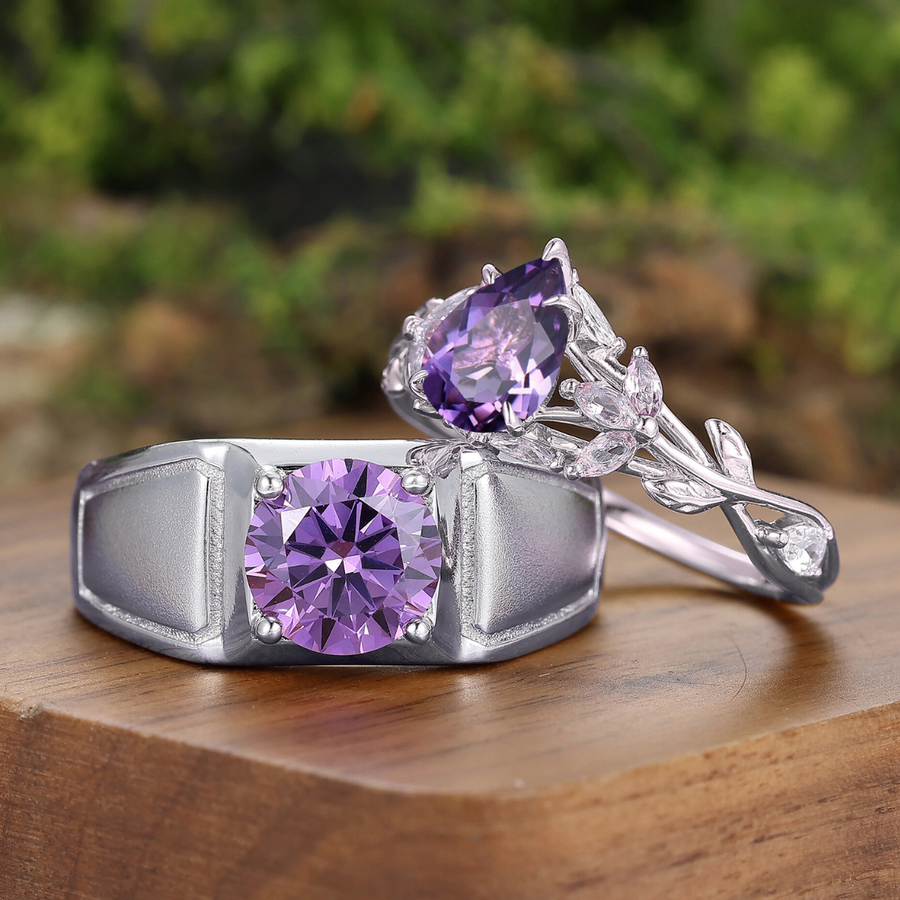 Natural Inspired Amethyst His And Hers Rings Unique S925 Prong Setting Couple Rings
