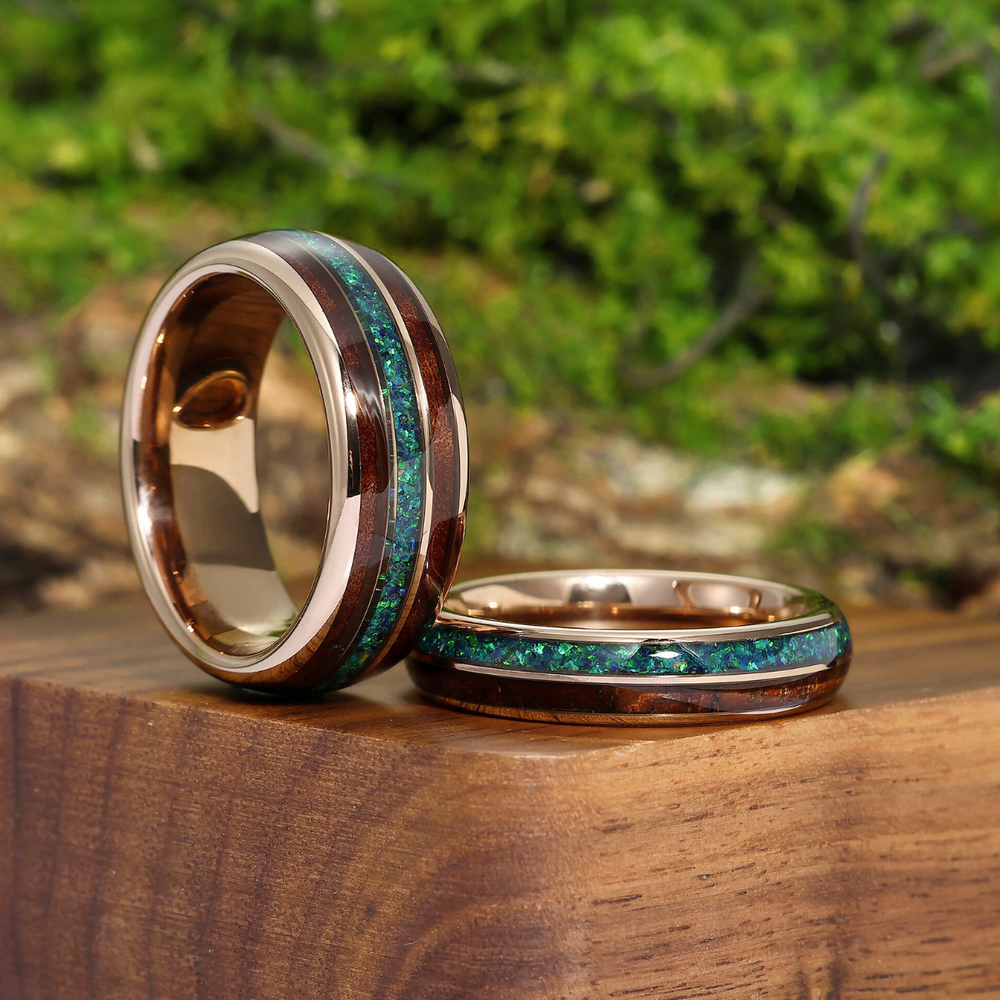 Polished Wood Peacock Green Opal Tungsten Couple Rings His And Hers Wedding Bands Marriage Ring