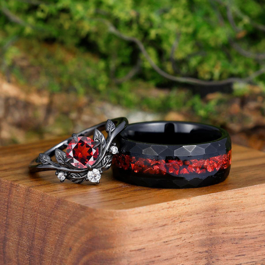 Noble Round Cut Red Garnet Leaves Couples Ring Set Wear-resistant Ruby Tungsten Matching Ring Set