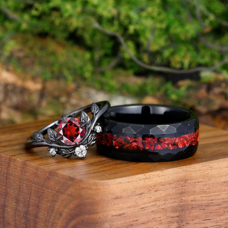Noble Round Cut Red Garnet Leaves Couples Ring Set Wear-resistant Ruby Tungsten Matching Ring Set -  Esdomera.com