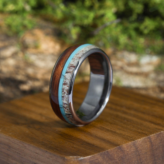 Deer Antler Hawaiian Koa Wood Turquoise Tungsten Wedding Band Tungsten Carbide Ring Men’s Anniversary Ring Promise Unisex Ring