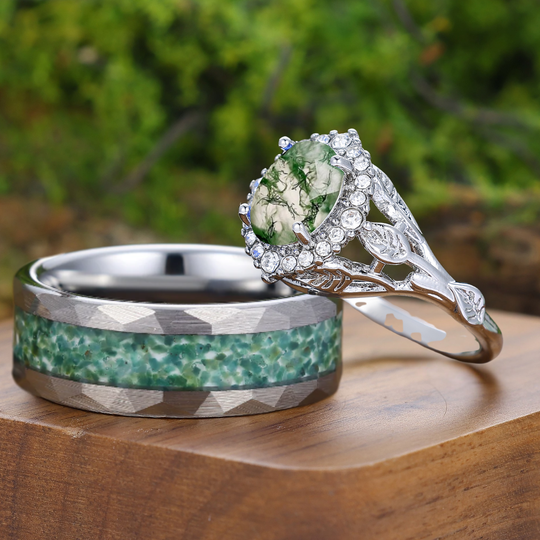 Personalisierte ovale grüne Moosachat-Halo-Blumen-Paarringe, einzigartiges Ehering-Set
