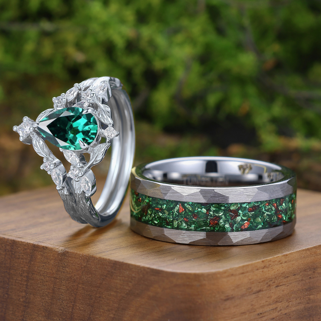 Exquisite Emerald Leaf Branch Couple Ring Set 3pcs Green His And Hers Rings Matching Ring For Women