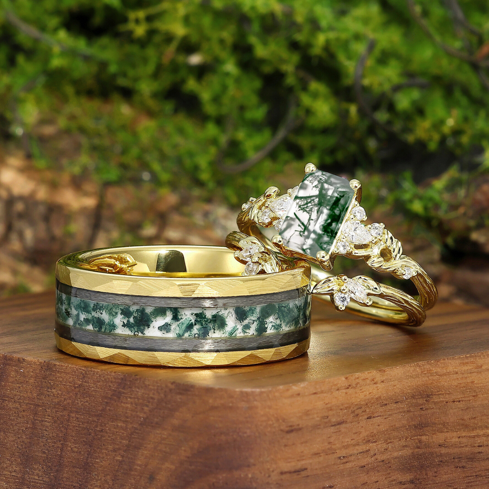 Noble Moss Agate Foliage Prong Engagement Couple Rings Yellow Promise Wedding Bands Marriage Rings