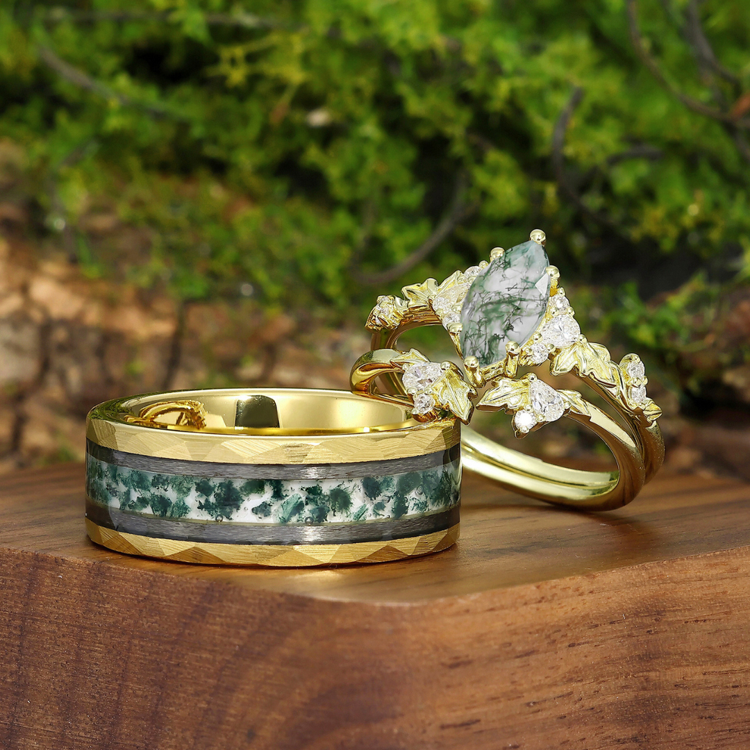 Elegant Moss Agate Blade Engagement Couple Rings Set Yellow Green Promise His And Hers Marriage Rings