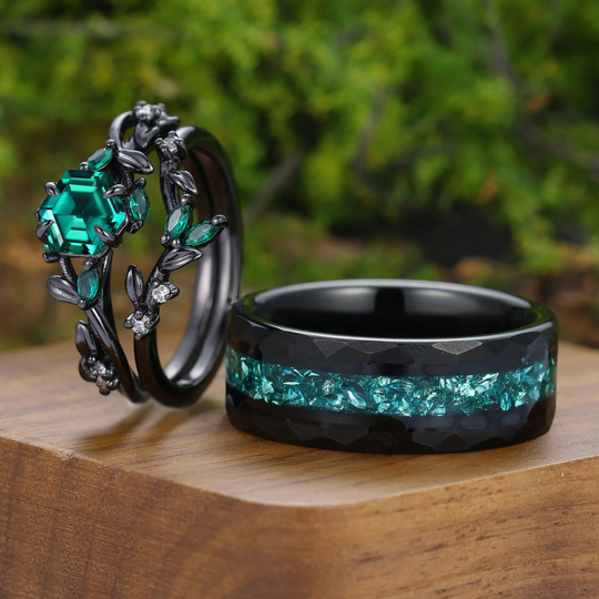 Twig Leaf-inspired Green Emerald Couple Rings Emerald Black Plated His And Hers Ring Set