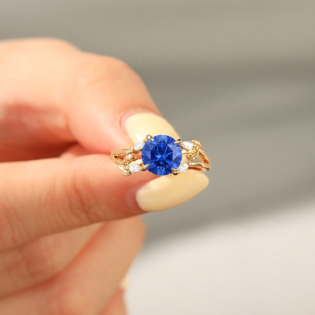 2CT Round Shaped Sapphire Wedding Enagement Ring Nature Inspired Leaf Promise Ring 14k Soild Gold -  Esdomera.com