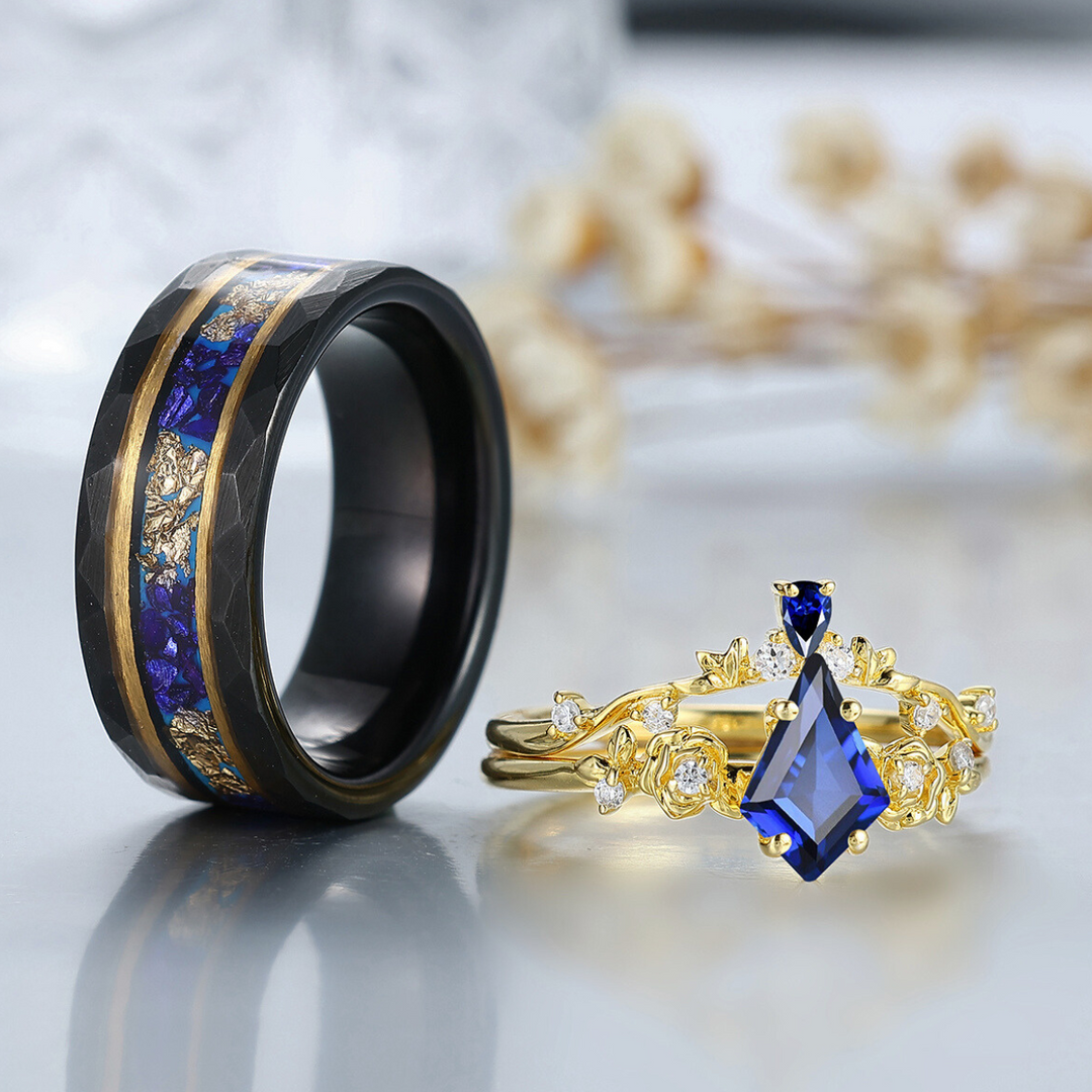 2Ct Smeraldo Taglio Naturale Zaffiro Blu Fede Nuziale 14K Oro Giallo 2Ct Smeraldo Taglio Naturale Zaffiro Blu Fede Nuziale 14K Oro Giallo