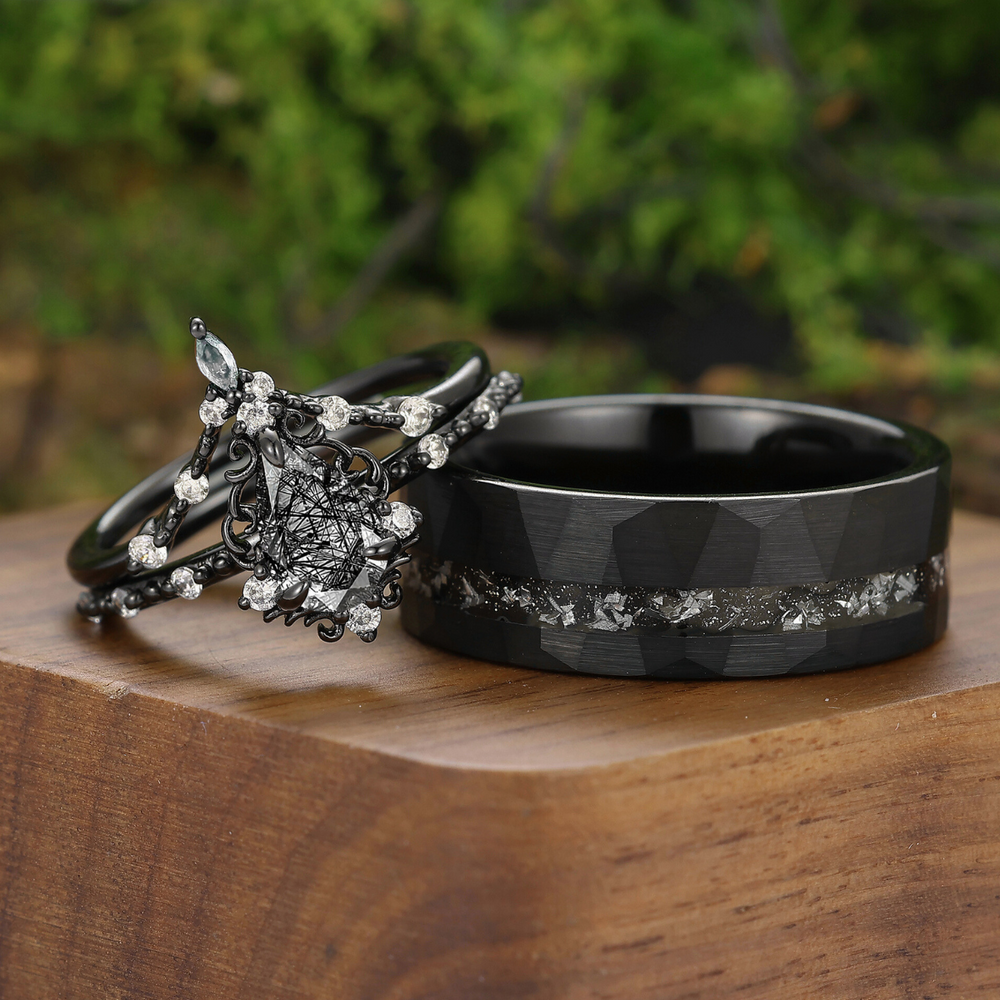 Ensemble de bagues pour couple en quartz rutile noir délicat avec filigrane milgrain Bagues uniques pour couple noir