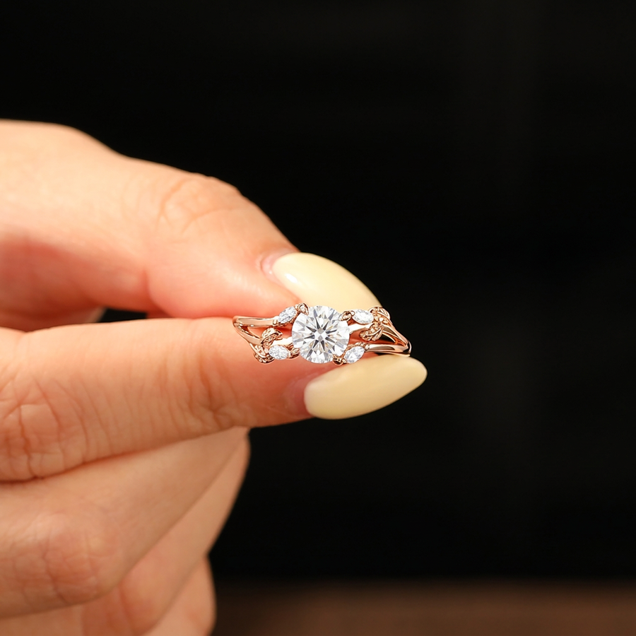 Twisted Twig Vine Ring Round Cut Moissanite Nature Inspired Leaf Design Pave Setting Ring Split Shank
