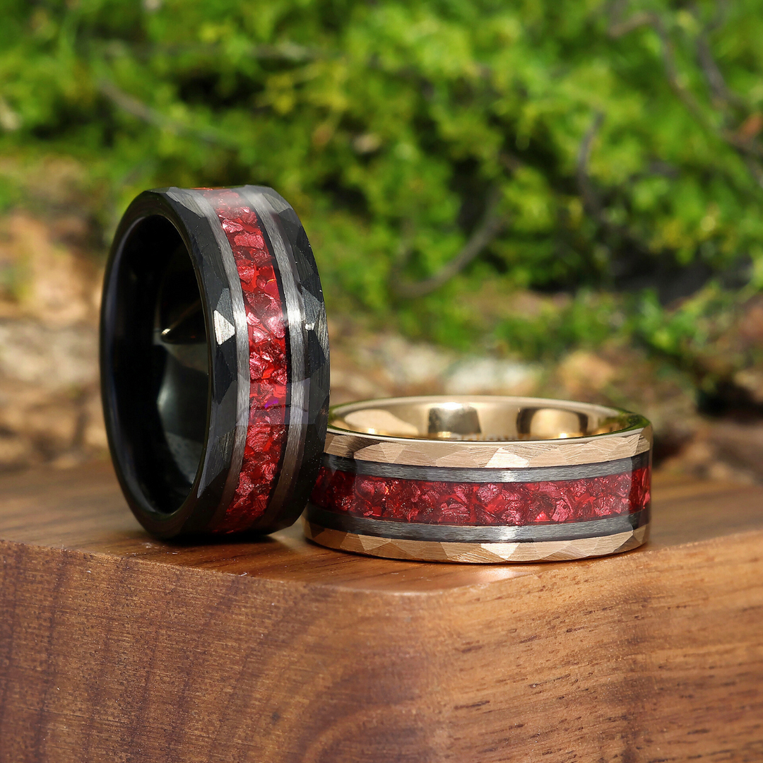 Personalized Red Ruby Tungsten Couple Rings Unisex 8mm Hammered Wedding Rings