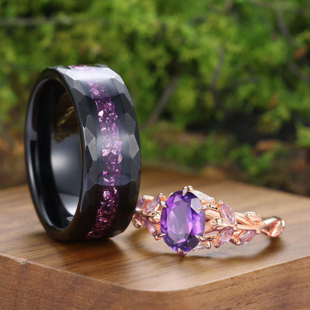 Unique Round Cut Amethyst Branch Couple Ring Purple Ring For Women And Men