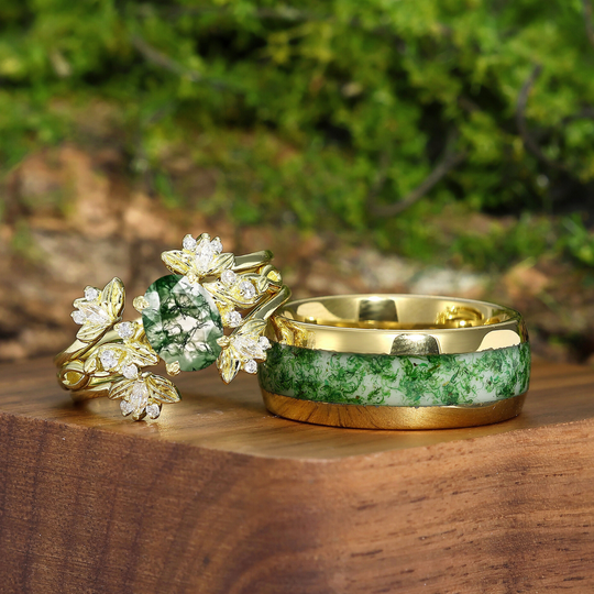 Floral Cluster Moss Agate Leaf Engagement Couple Rings Set Green Yellow Promise His And Hers Wedding Bands