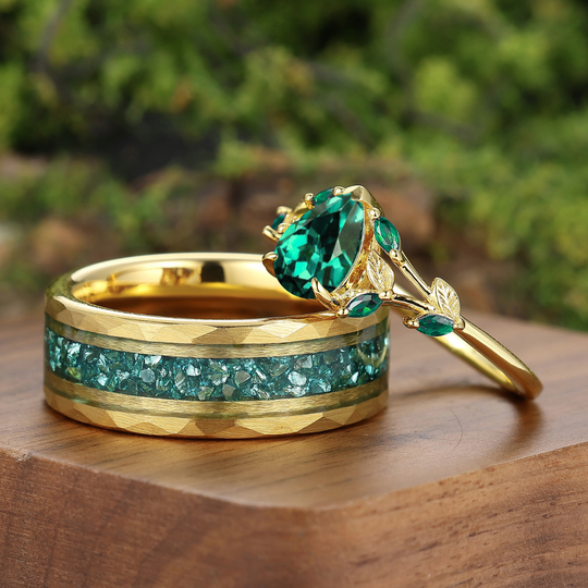 Leaf Inspired Pear Cut Emerald Rings For Couples Yellow Gold Plated Ring Set