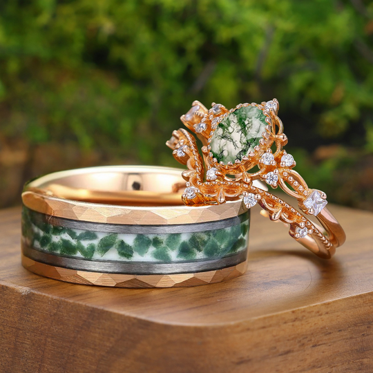 Antique Oval Moss Agate Filigreed Couple Ring Set Rose Gold Plated Milgrained His and Hers Ring