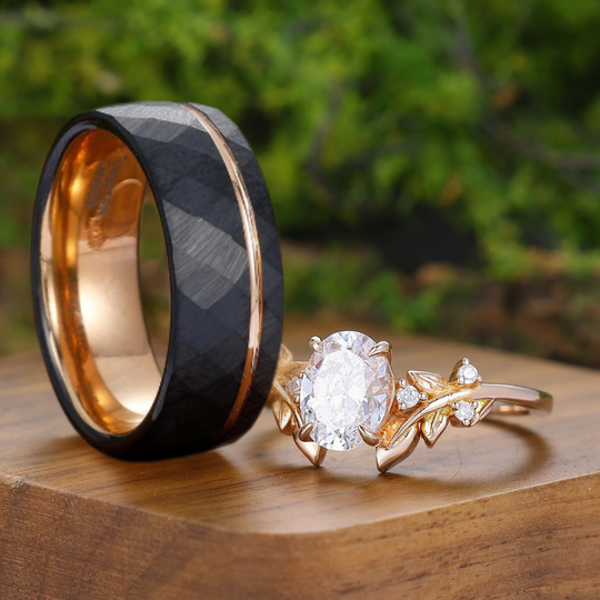 Unique Leaf Motif Anillo de Pareja de Moissanita Corte Ovalado Anillo de Promesa para Hombre y Mujer