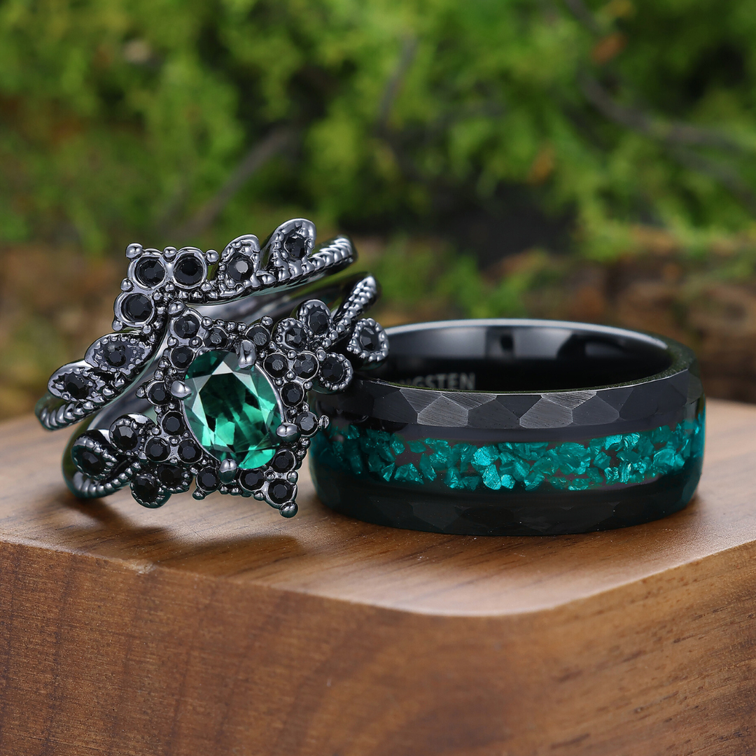 Dunkler Luxus Gothic Blumen-Set Verlobungsringe Smaragd Paarringe Silber und Wolfram His-and-Hers