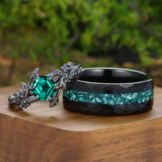 Hexagon Cut Emerald Sprig Leaf Couple Ring Green Emerald And Black His And Hers Rings