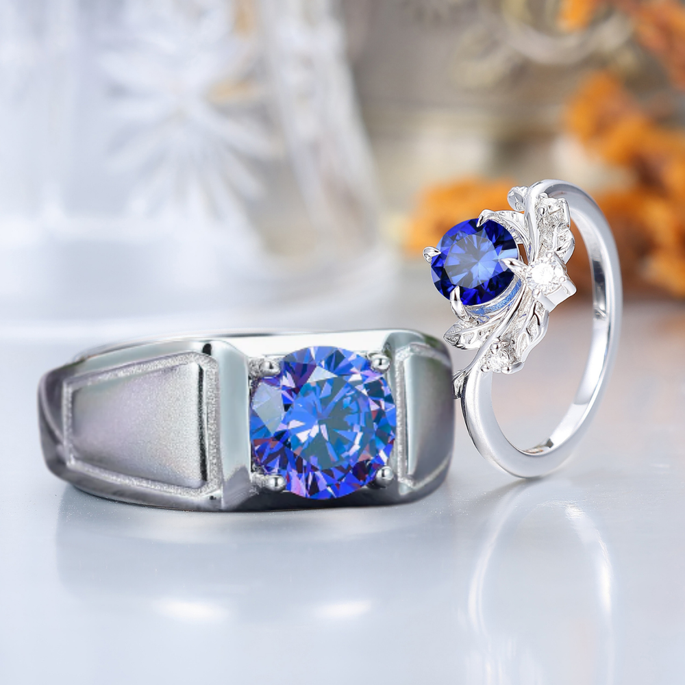 Noble Round Sapphire Leaves Couples Ring Set Sterling Silver Matching Rings