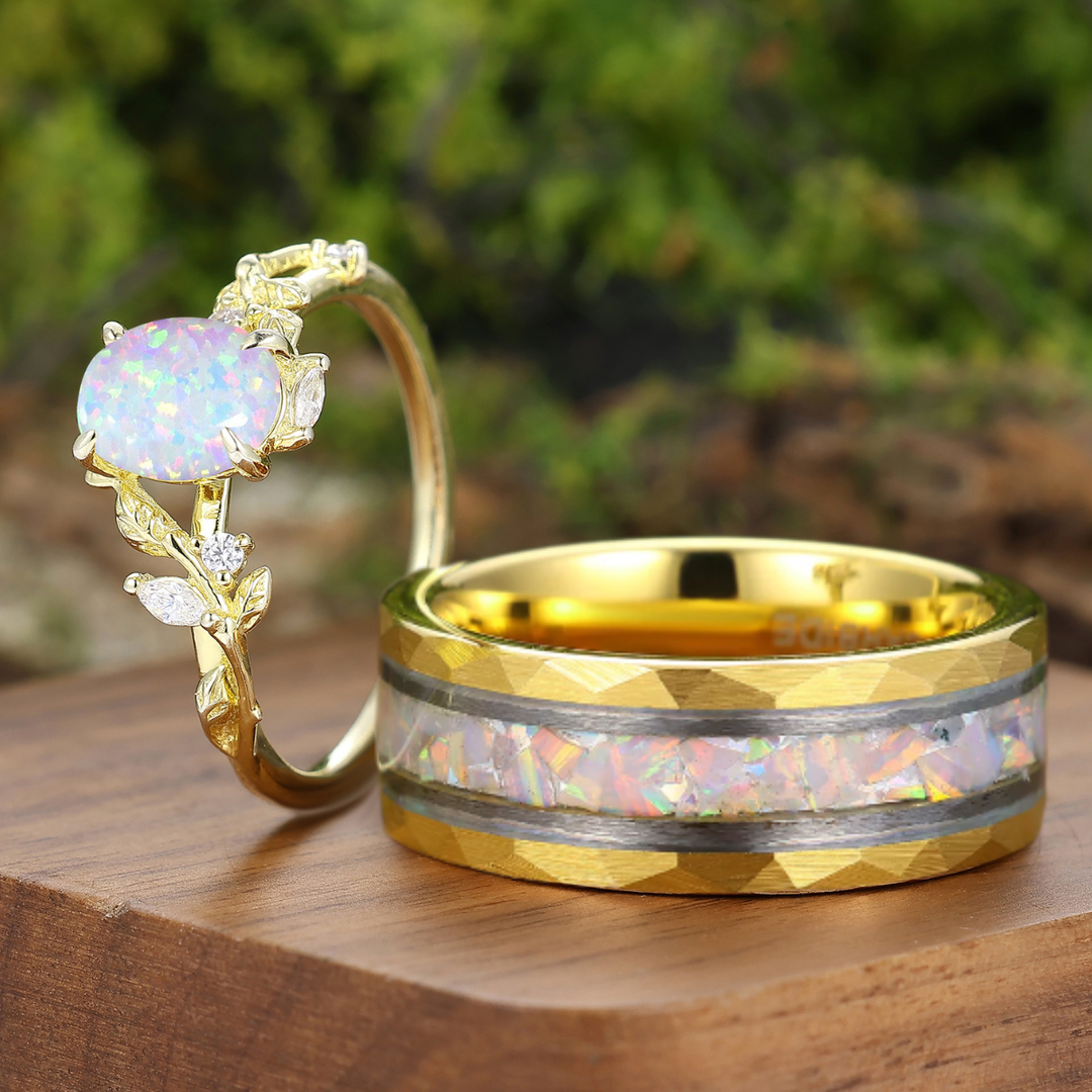 Leaf-inspired Pink White Opal Couple Rings Yellow Gold Plated Matching Ring For Him And Her