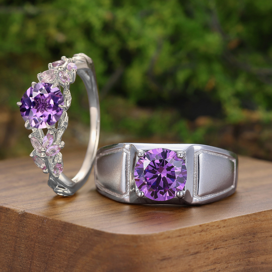 Blad Geïnspireerde Ronde Natuurlijke Amethist Paar Ringen 925 Zilver Zijn En Haar Ringen