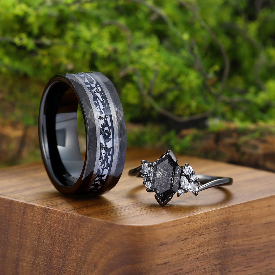 Stylish Black Rutilated Quartz Accents Engagement Couples Ring Set His And Hers Tungsten Wedding Bands