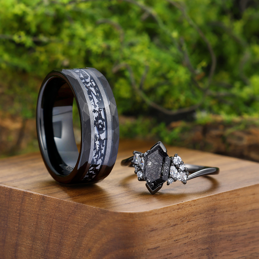 Stylish Black Rutilated Quartz Accents Engagement Couples Ring Set His And Hers Tungsten Wedding Bands -  Esdomera.com
