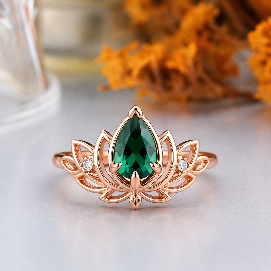 Pear Cut Lab Grown Emerald Lotus Leaf Engagement Ring, 18K Solid Gold