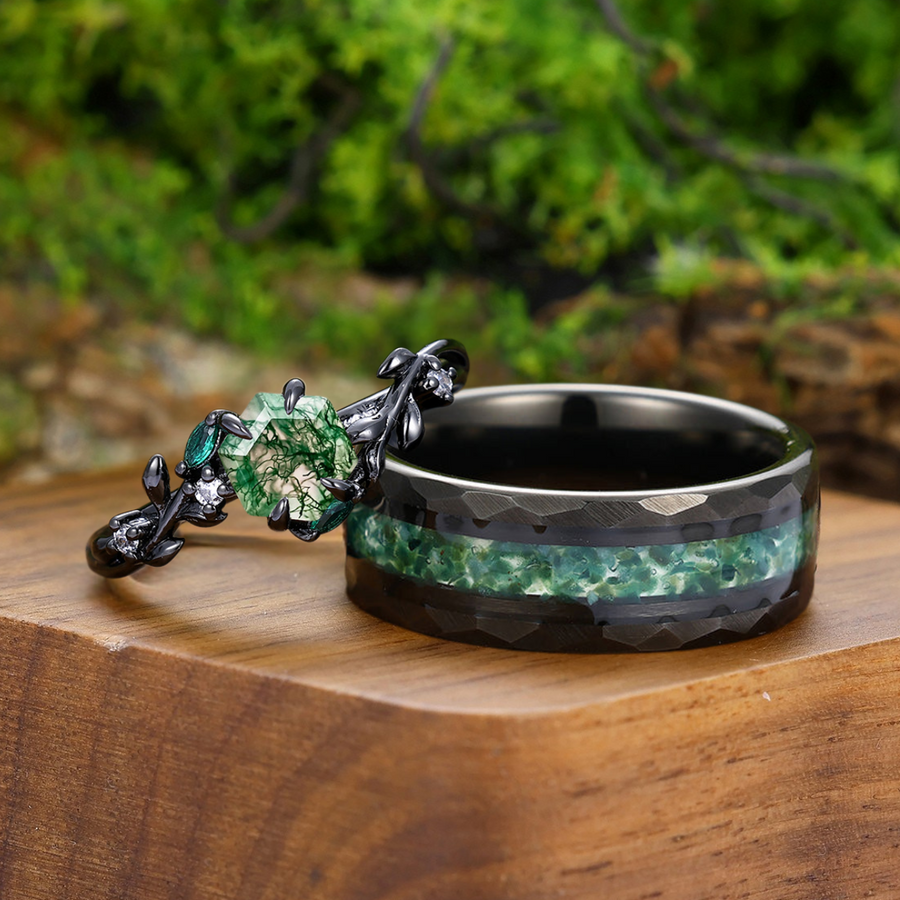Hexagon Moss Agate Twig Engagement Rings For Couples S925 Black Plated And Tungsten Matching Anniversary Ring -  Esdomera.com
