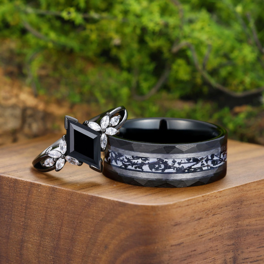 Stylish Black Onyx Deco Milgrain Moissanite Floral Couple Rings Matching Black Rutilated Quartz Inlay Tungsten Marriage Ring -  Esdomera.com
