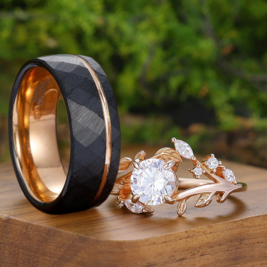 1.25CT Round Moissanite Leaf Engraved Couple Rings Sterling Silver And Tungsten Matching Rings