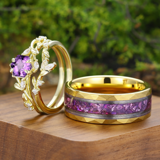 Organic Leaf Engraved Natural Amethyst Couple Ring Set Floral Inspired Rings For Him And Her