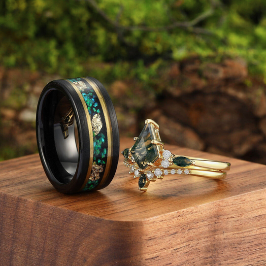 Kite Green Moss Agate His and Hers Wedding Band Unique Tungsten Couples Ring Set