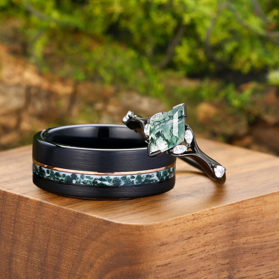 Art Deco Natural Moss Agate Engagement Couples Rings Matching Green Gemstone Tungsten Promise Wedding Band -  Esdomera.com